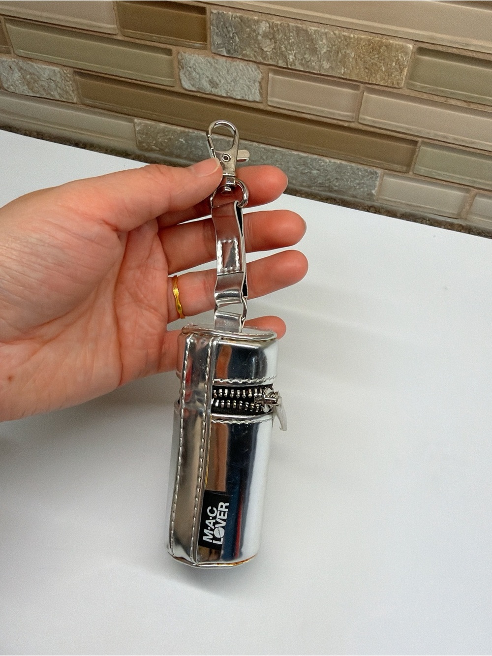 MAC Lover Metallic Silver Lipstick Holder Bag Charm Keychain Case